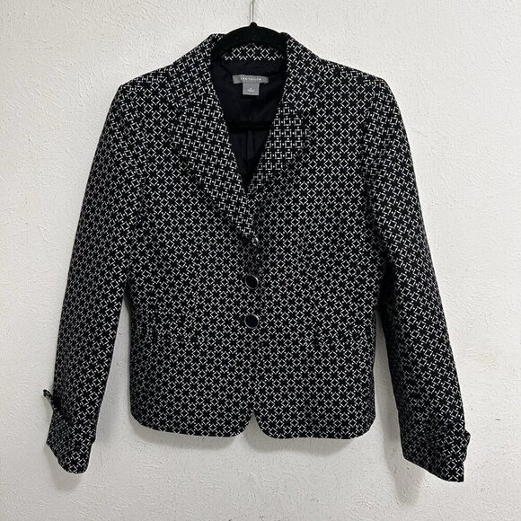 Ann Taylor Black White  Stretch Blazer Jacket Size 8 Cotton Silk 3/4 Sleeve Work - Picture 1 of 10